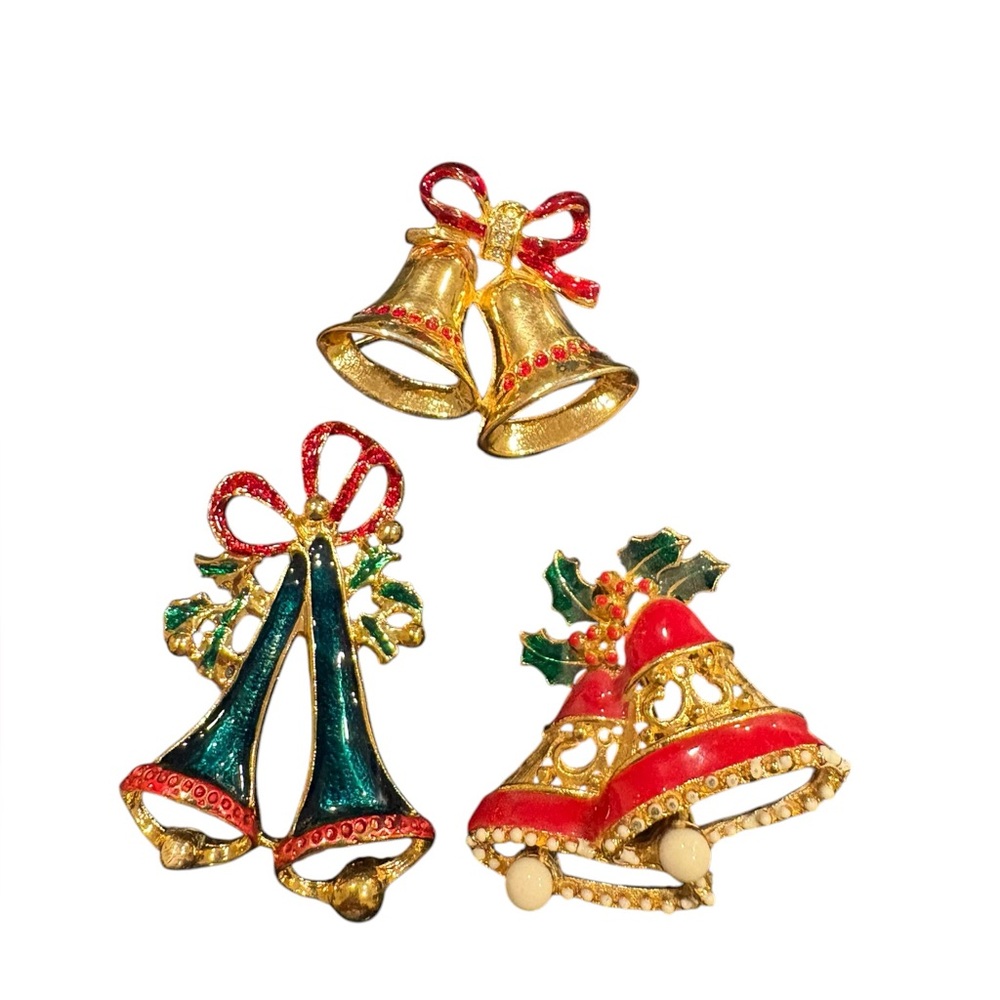 Vintage Christmas Bell Brooch Lot – Enamel & Gold-Tone Holiday Pins (Set 3) J23